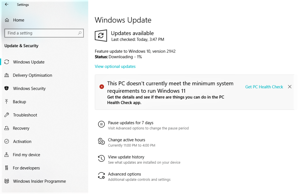 Figure 3: Windows 10, 21H2 Download In Progress