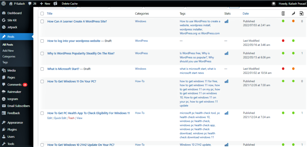 Figure 10: WordPress Dashboard Of PKAILASH.COM Shows That A Learner Can Create A WordPress Site