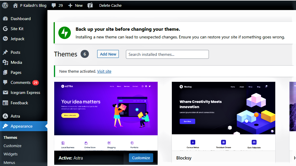 Figure 6: Astra Theme Is Active On My Website, Needs To Be Customized